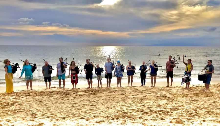 Pipers standing in a line along the beach at sunset