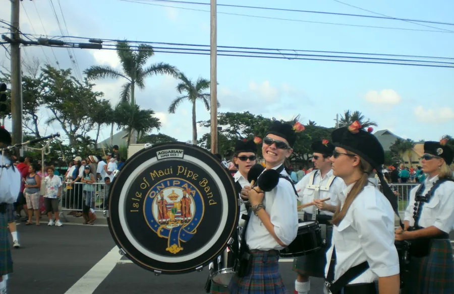 Drummers with the band crest bass drum